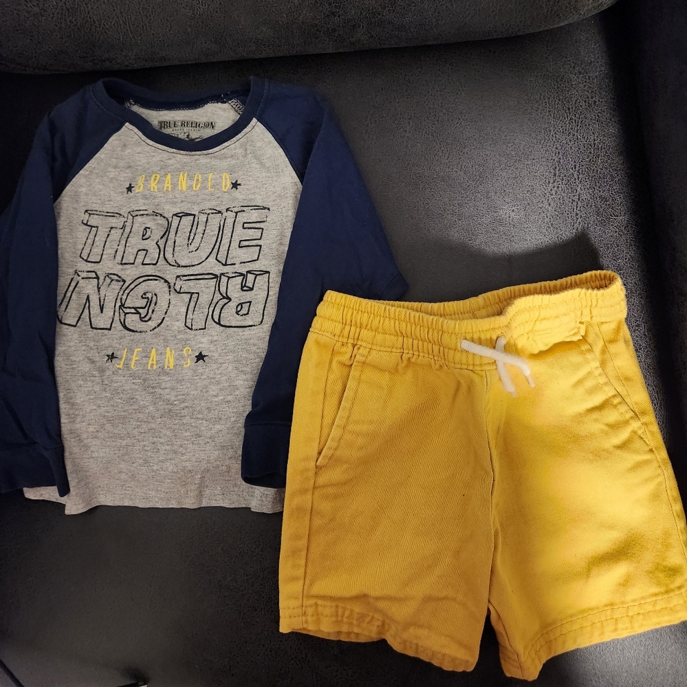 Blue and Gray True Religion Shirt with Yellow Shorts